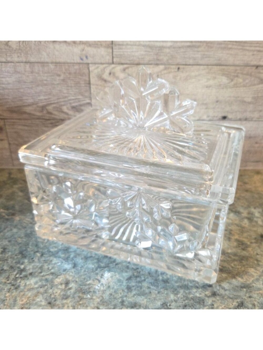 Crystal Snowflake Dish Art Glass Covered Bowl Luminarc Candy Trinket Rectangle